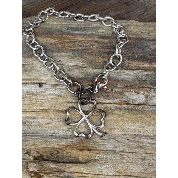 Sterling Silver Chain Bracelet With Four-Leaf Clover Charm 7.52g - Picture 4 of 5